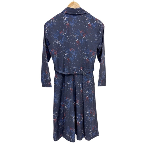 eShakti Red White Blue Star Pattern Navy Long Sleeve Belted Shirt Dress July 4th - Picture 2 of 8